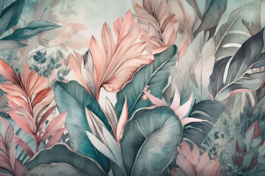 Soft colored tropical leaf wallpaper, banana plants, mural art, interior decor. Generative AI