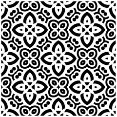 Dark background with abstract shapes. Black and white texture. Seamless monochrome repeating pattern for web page, textures, card, poster, fabric, textile.