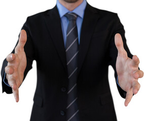 Mid section of businessman in suit marketing invisible product