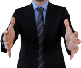 Mid section of businessman in suit marketing invisible product