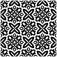 Dark background with abstract shapes. Black and white texture. Seamless monochrome repeating pattern for web page, textures, card, poster, fabric, textile.