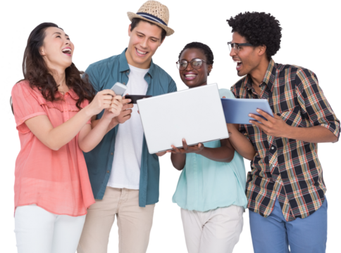 Stylish friends using their technology