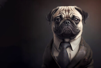 Pug in a suit. Banner. Generative AI
