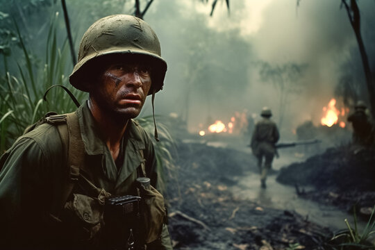 Portrait of Vietnam era soldier in combat, wet, rainy jungle during monsoon. 