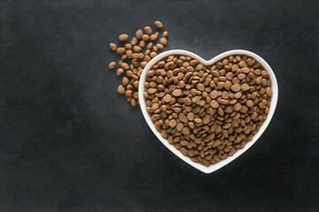 heart shaped pet food on a black concrete floor