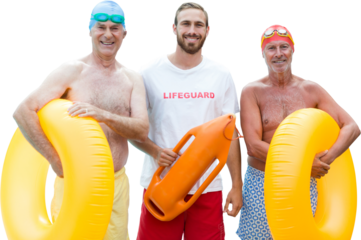 Portrait of lifeguard with senior men
