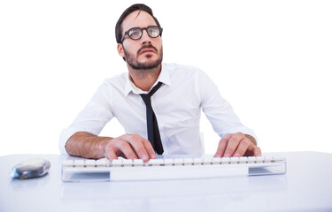 Business worker with reading glasses on computer