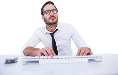 Business worker with reading glasses on computer