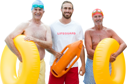 Portrait of lifeguard with senior men