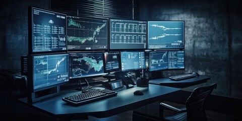 A digital computer with a map in a modern monitoring office. AI generated