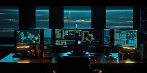 Fototapeta premium System control center, monitors on the table. Control and Monitoring Center. AI generated