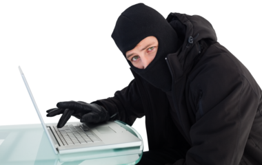 Burglar using laptop while looking at camera