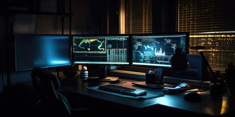 Fototapeta premium System control center, monitors on the table. Control and Monitoring Center. AI generated