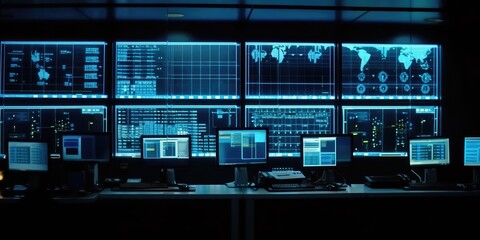 Control center, computers at the workplace. Analytical data. AI generated