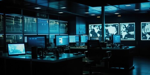 Naklejka premium A digital computer with a map in a modern monitoring office. AI generated