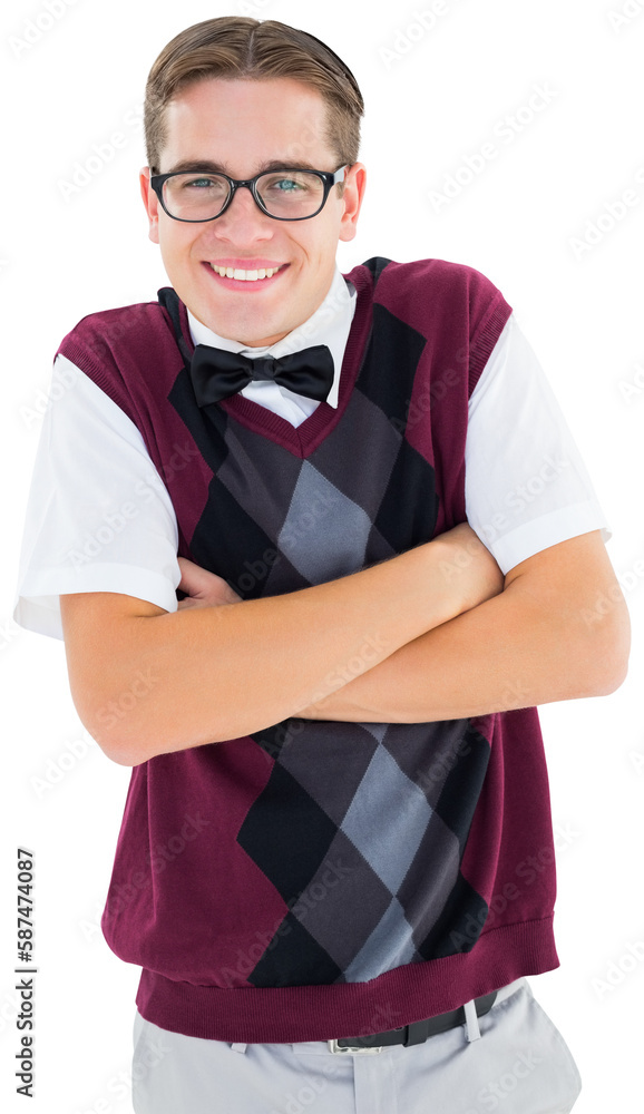 Poster smiling geeky hipster looking at camera