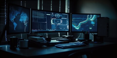 Fototapeta premium A digital computer with a map in a modern monitoring office. AI generated