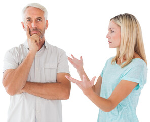 Unhappy couple having an argument with man not listening
