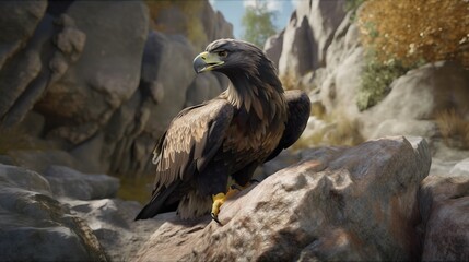 Fototapeta premium Large eagle hunts in the mountains with closed wings on Rocks Generative AI