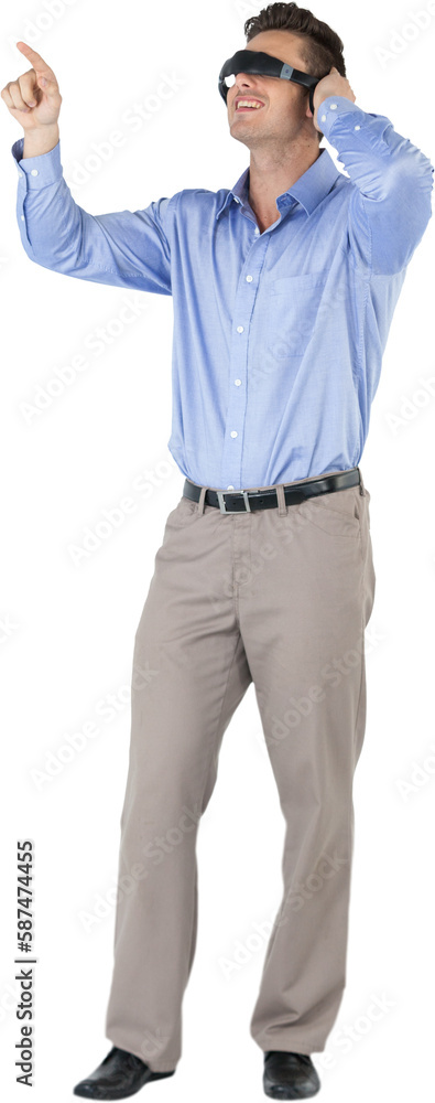 Poster full length of happy man using virtual reality simulator