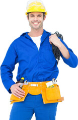 Happy electrician with wires against white background 