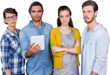 Portrait of business people standing against white background
