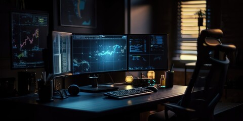 Fototapeta premium Several personal computer monitors showing a language coding program with a system monitoring interface. AI generated