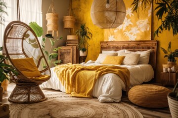 Boho wooden bedroom closeup in white and yellow. Bed, hanging chair, potted plants. Wallpapered shuttered window. Bohemian antique decor,. Generative AI