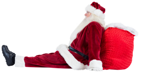 Santa sits leaned on his bag