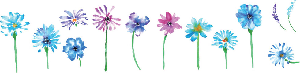 水彩画。水彩で描いた青い植物のベクター装飾イラスト。Watercolor. Vector decorative illustration of blue plants in watercolor.