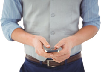 Mid section of businessman using mobile phone