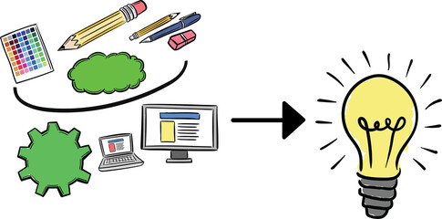 Composite image of computer icons pointing towards light bulb