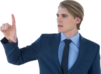 Young businessman wearing suit using invisible imaginary interface
