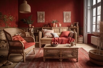 Antique red and beige living room with rattan furniture, parquet floor, and wallpaper. Farmhouse decor,. Generative AI