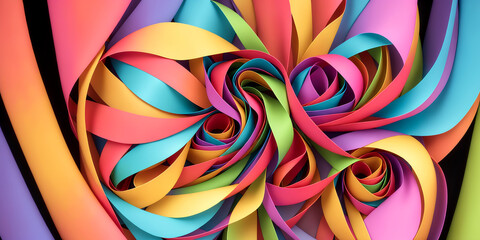 Abstract background of intertwined colored silk or paper ribbons. Colorful illustration. Generative AI