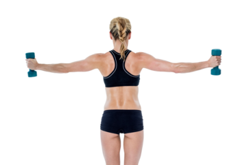 Female bodybuilder holding two dumbbells with arms out