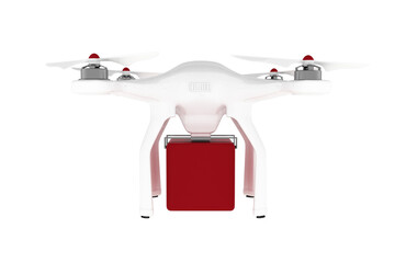 Drone with red box flying against white background