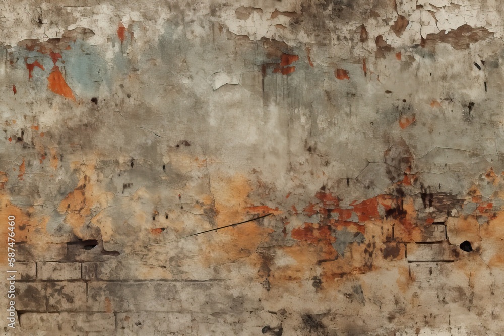 Poster grungy wall with rust stains and peeling paint. generative ai