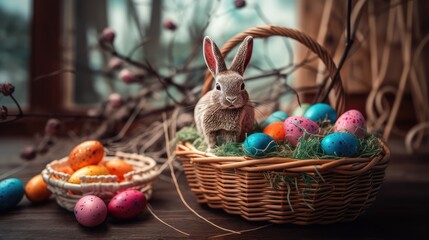 Fototapeta na wymiar A wicker basket with Easter eggs and a rabbit on the windowsill background. The concept of the Easter holiday. AI generated