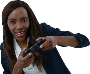 Young businesswoman playing video game