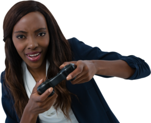 Young businesswoman playing video game