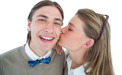 Pretty geeky hipster giving boyfriend kiss on the cheek