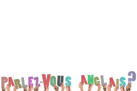 Cropped hands holding colorful words parlez-vous anglais 