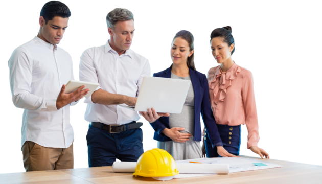 Male architect showing laptop to coworkers