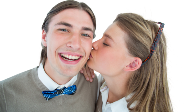 Pretty geeky hipster giving boyfriend kiss on the cheek - Powered by Adobe
