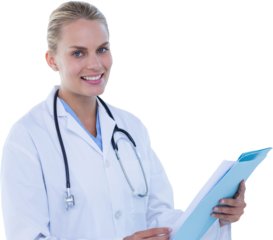 Portrait of female doctor holding reports