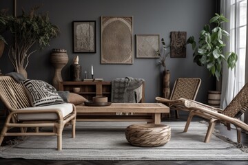 Ethnic décor, grey living room with wooden furniture,. Generative AI