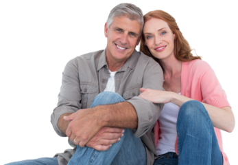 Casual couple sitting and smiling