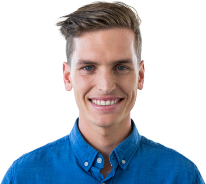 Portrait of happy man in blue shirt