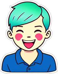 Sticker with a cartoon boy's head with a hairstyle and a smile on his funny face, with a white frame around